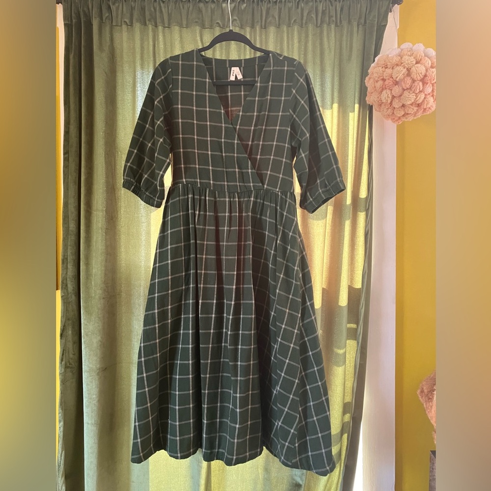 Pact Organic Cotton Green Plaid Midi Dress